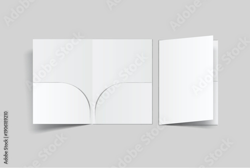 A4 Size paper folder mockup with bi fold design and pocket on isolated on background.Blank folded paper, open leaflet template for print layout, brochure, presentation document, flyer, catalogue, ads