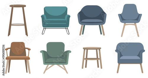  collection of eight flat design chairs and stools in various