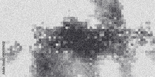 Abstract grayscale pixelated mosaic pattern with subtle noise and varying dark and light square elements creating a textured, digital art background for design projects