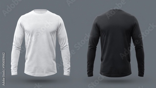 T shirt template. Long sleeve black, white design for male and female. Front view. Isolated clothing printing mock up of sportswear apparel. Undershirt soccer uniform. Dark tee short