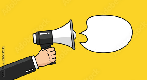 Businessman using megaphone with speech bubble for announcements