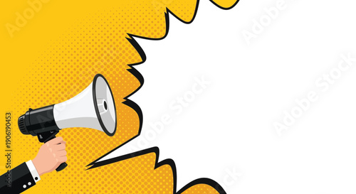Businessman using megaphone for announcements in modern comic style