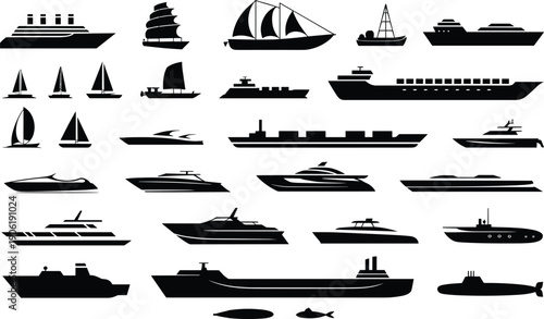 Large collection of ship and boat silhouettes vector illustration, cruise ships, cargo vessels, yachts, sailboats and submarine icons isolated on white background