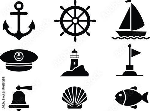 Nautical maritime icon set with anchor, ship wheel, sailboat, lighthouse, captain hat, bell, shell and fish vector illustration