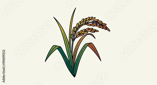 Vibrant cartoon illustration of a growing rice plant with golden grains ready for harvest
