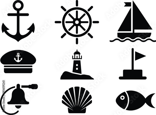 Nautical maritime icon set with anchor, ship wheel, sailboat, lighthouse, captain hat, bell, shell and fish vector illustration