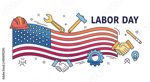 USA Labor Day celebration banner with essential worker tools and American flag design honoring
