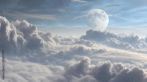 Moon Above Fluffy White Clouds Sky.
