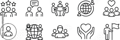 Vector line icons of people and teamwork, including communication, globe, and heart symbols, for website or app UI, isolated on transparent background, png