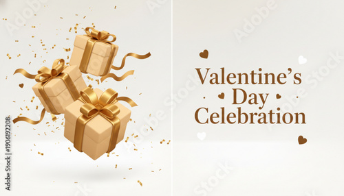 Golden gifts floating with ribbons and confetti On Valentine's day