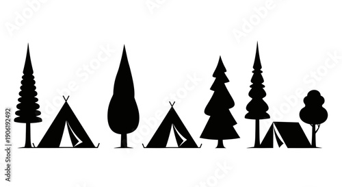 Camping Tent In Forest Silhouette With Diverse Pine Tree Shapes
