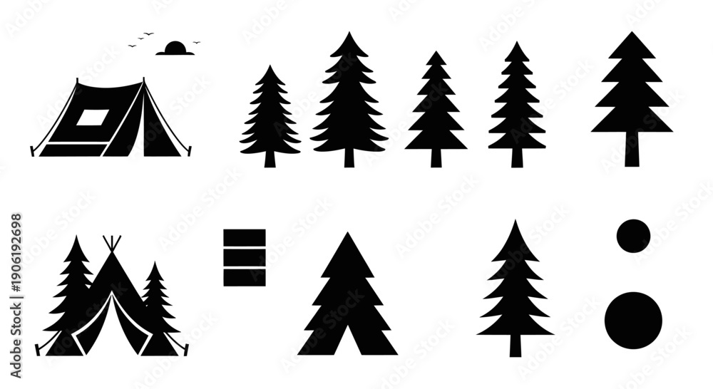 Obraz premium Pine Forest and Camping Tent Silhouette Collection for Outdoor Icons