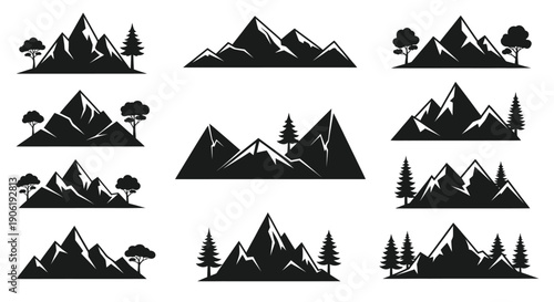Mountain Landscape Silhouette with Pine Trees and Forest Nature Icons