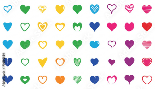 Multicolored heart symbols in various styles and colors white background for ' On Valentine's day