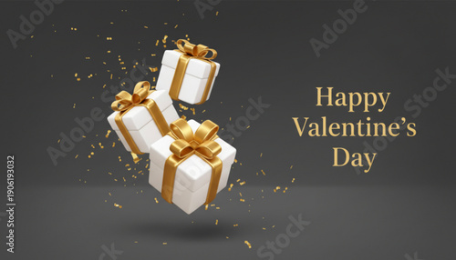 Three white gifts with gold bows floating in air with happy ' text dark background On Valentine's day