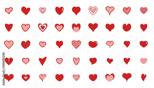 Collection of various red and pink heart shapes white background for ' On Valentine's day