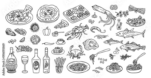 Hand drawn Mediterranean food illustration set inspired by Italian and Spanish cuisine. Summer coastal mood with wine and seafood. Minimal line art and vintage doodle style, warm southern atmosphere
