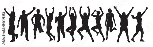 diverse people in dynamic poses celebrating and moving