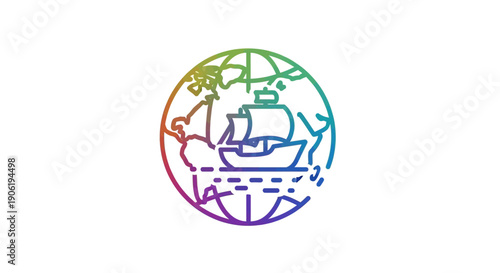 A vibrant rainbow outline icon depicting a sailing ship navigating across a world globe for global