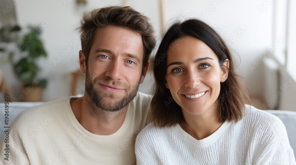 Fototapeta premium Portrait of a smiling newlywed couple sitting together in a bright and cozy living room.
