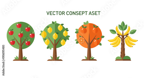 Flat Design Fruit Tree Icon Set Apple Lemon Orange Banana