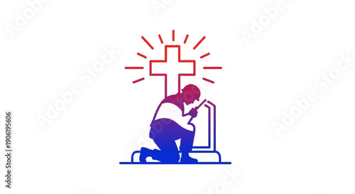 Faithful soldier honoring sacrifice at a grave with glowing cross and spiritual devotion
