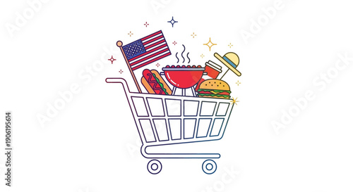Patriotic BBQ picnic items in a shopping cart for festive summer holidays and gatherings