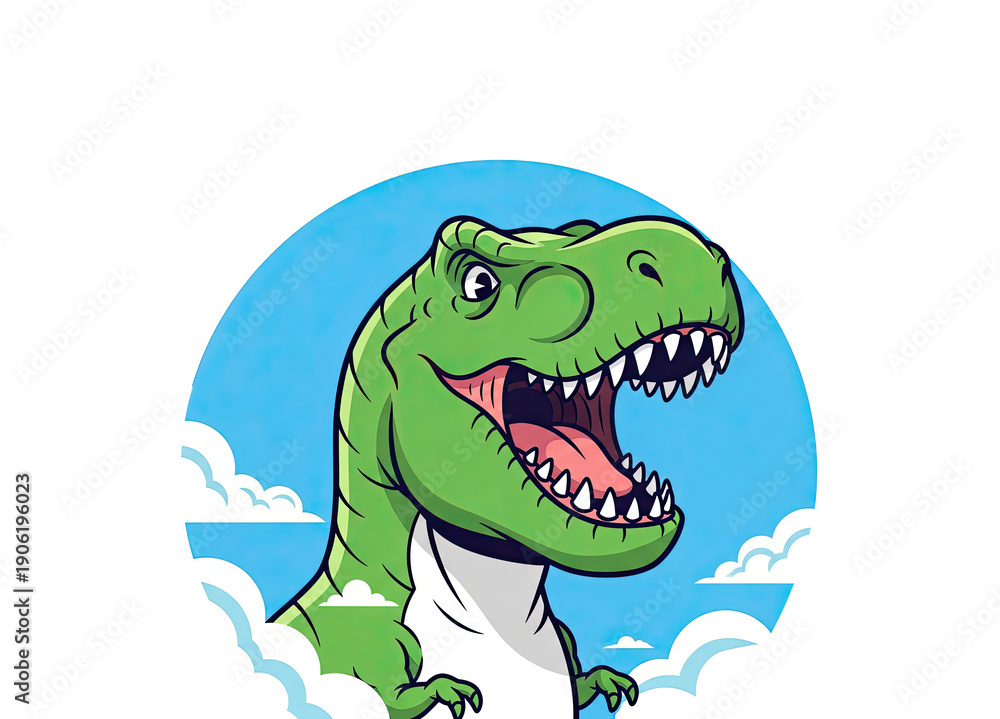 Obraz premium Fierce cartoon Tyrannosaurus Rex dinosaur roaring in clouds with intense expression