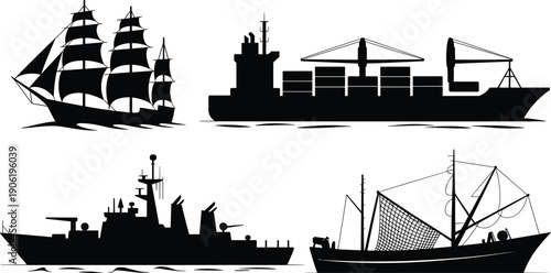 Ship silhouette collection featuring sailing ship, cargo container vessel, military warship and fishing boat vector illustration, maritime transportation icons isolated