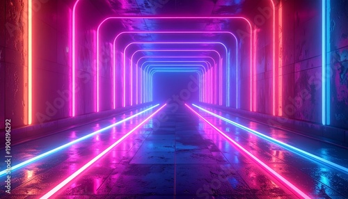 Wallpaper Mural Vibrant Neon Light Tunnel with Reflective Wet Floor. Torontodigital.ca