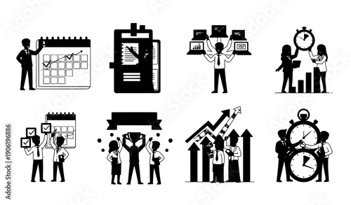 Successful business activities and time planning flat cartoon vector set