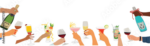 christmas new year border hands holding drinks 