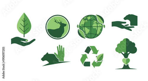Flat lay of eco-friendly icons for World Wildlife Day on a clean white background with green hues.