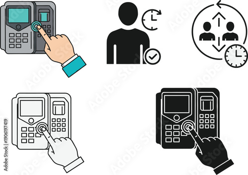 Biometric attendance system icons set fingerprint scanner employee verification time tracking vector collection isolated modern design