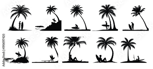 Collection of black silhouettes of surfers and palm trees