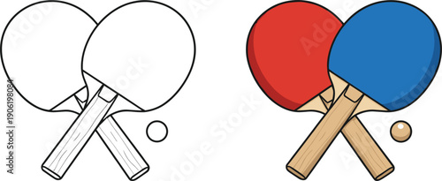 Crossed table tennis paddles with ball vector illustration ping pong sport equipment colored and outline icons