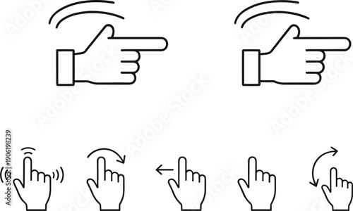 Hand swipe and tap gesture icons representing touchscreen navigation actions for mobile interface vector symbol collection