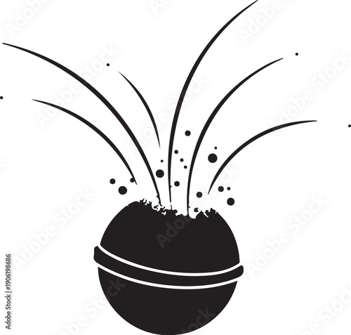 Dynamic black ball with explosive energy lines isolated on white background