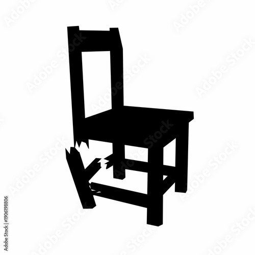 Vector illustration of a broken chair leg on a white background. A broken black chair. The wood is rotten and unusable.