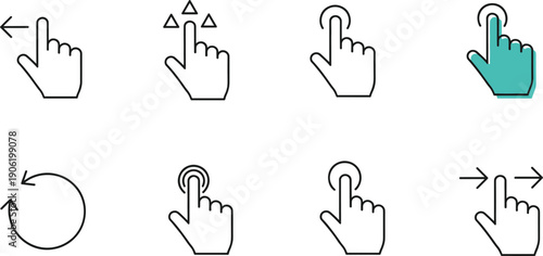 Touchscreen hand gesture icons collection featuring swipe tap rotate navigation actions for mobile interface vector illustration