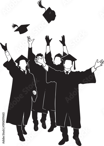 A silhouette illustration of a group of diverse musicians and business students wearing graduation caps and holding diplomas to celebrate success and education in a black vector art style