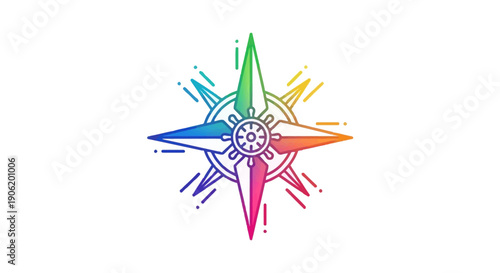 Vibrant rainbow compass rose icon with ship's wheel design guiding direction and exploration