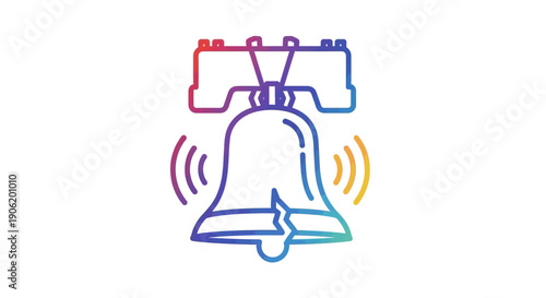 Vibrant gradient outline icon of the historic cracked Liberty Bell ringing with sound waves on