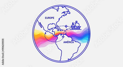 Abstract global map showing transatlantic trade routes and historical maritime connections between