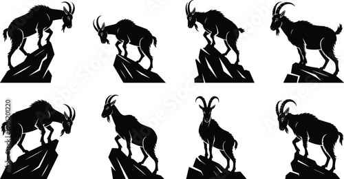Vector, black, silhouette, illustration, set, of, various, mountain, goats, standing, on, rocky, cliffs, for, alpine, wildlife, nature, outdoors, and, wilderness, design, elements