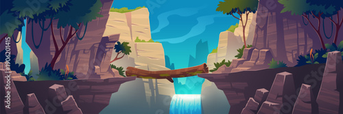 Wooden Log Bridge Over Canyon with Waterfall and Mountain Forest Illustration