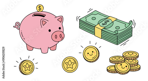 Flat lay illustration of a pink piggy bank with coins and a stack of money on a white background conveying a saving money concept with a cheerful mood.