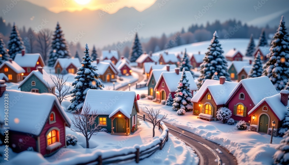Fototapeta premium Cozy Winter Village Scene with Snowcovered Cottages and Warm Lights
