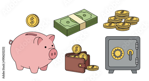 Flat lay illustration of various saving money concepts including a piggy bank, wallet with coins, safe, cash, and coins on a white background with a minimalist style and a focus on