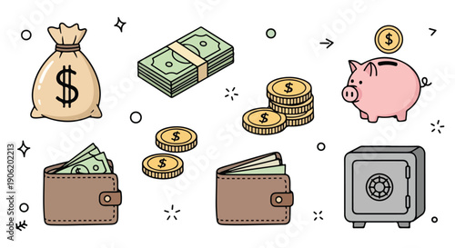 Flat lay illustration of various financial objects including a money bag, bills, coins, piggy bank, wallet, and safe on a white background, conveying a theme of saving money with a clean